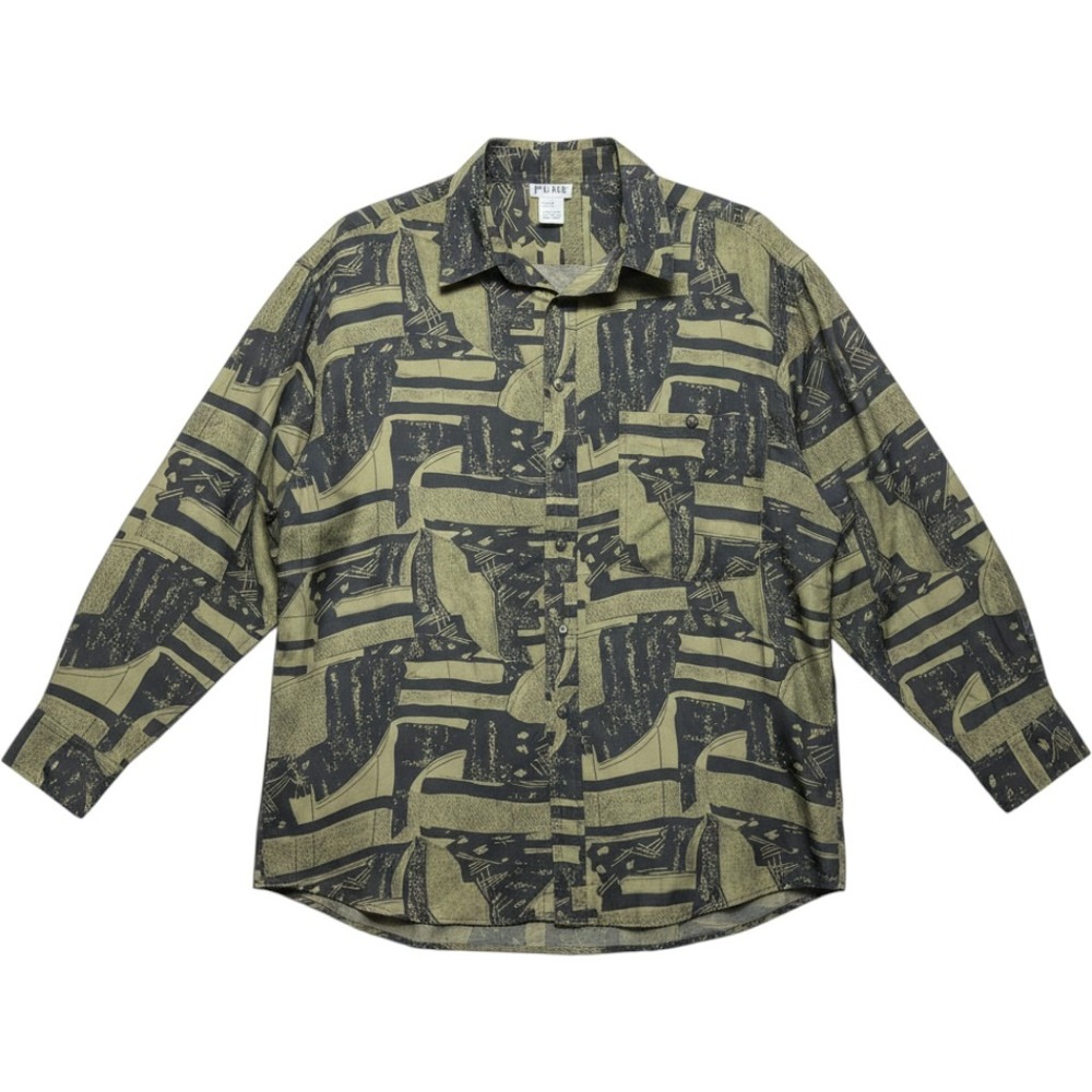 Pure 100% Silk Button Down Shirt Olive Green Black Abstract Geometric Mens M